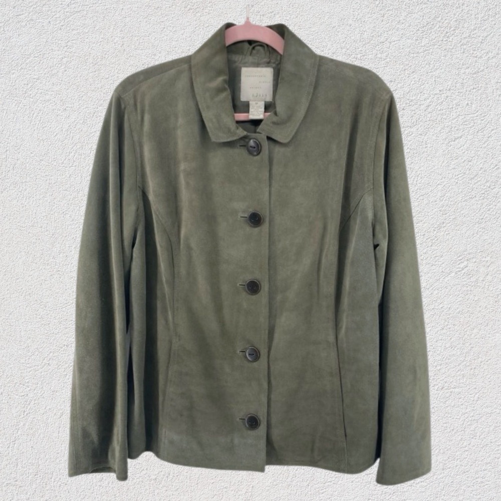J. Jill Leather Jacket Olive Green Women‎ M Button Front Lined Modern Minimalist